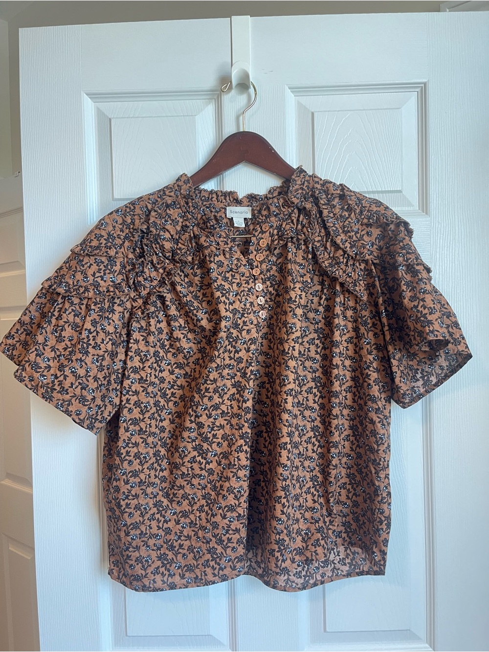 Scenario Brown Floral Ruffle Short-Sleeve Blouse - 100% cotton